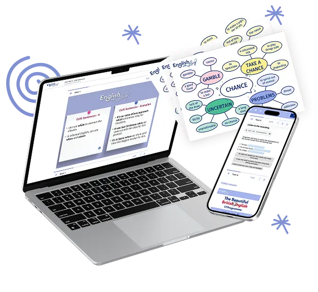 English With Lucy course mockup showing a laptop with a vocabulary activity, a mobile phone with a reading activity and mindmaps