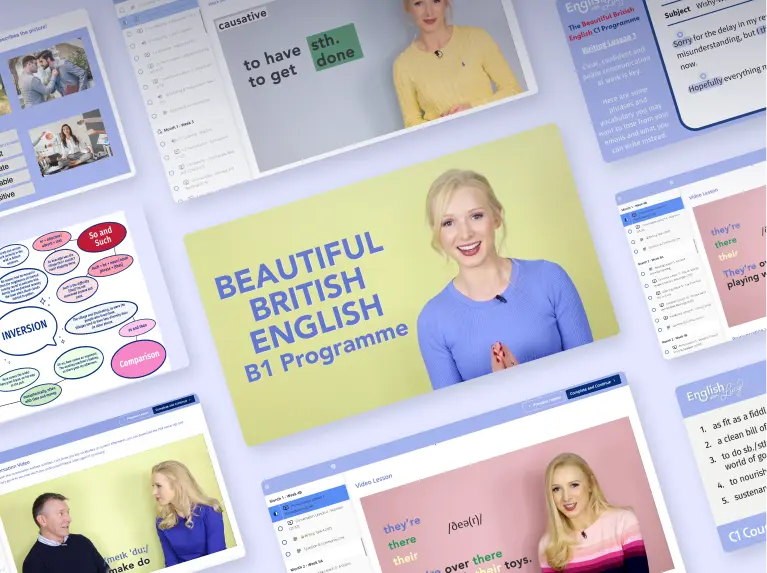 Screenshot collage of English with Lucy’s Everyday online English courses showing video lessons, grammar explanations, and vocabulary mind maps from the Beautiful British English B1 Programme.